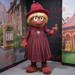 Maroon Scarecrow mascot costume character dressed with a Wrap Dress and Caps