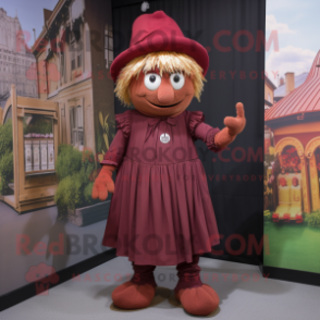 Maroon Scarecrow mascot costume character dressed with a Wrap Dress and Caps