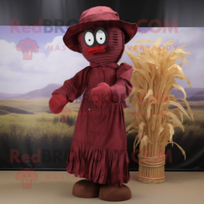 Maroon Scarecrow mascot costume character dressed with a Wrap Dress and Caps