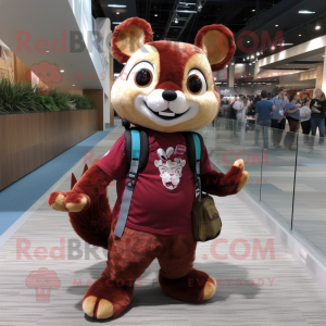 Maroon Flying Squirrel mascot costume character dressed with a Bootcut Jeans and Messenger bags