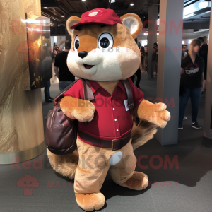 Maroon Flying Squirrel mascot costume character dressed with a Bootcut Jeans and Messenger bags