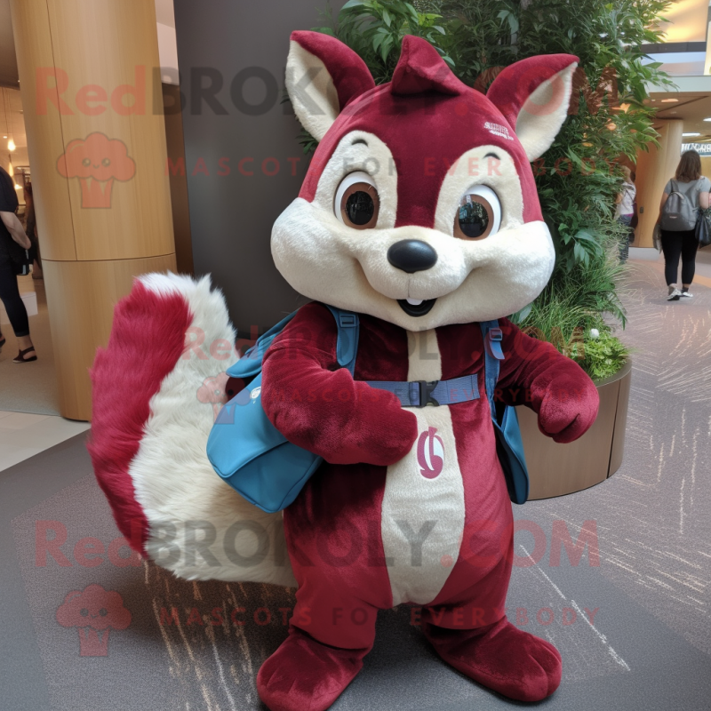 Maroon Flying Squirrel mascot costume character dressed with a Bootcut Jeans and Messenger bags