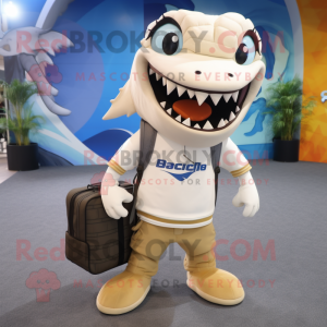Cream Barracuda mascot costume character dressed with a Graphic Tee and Briefcases