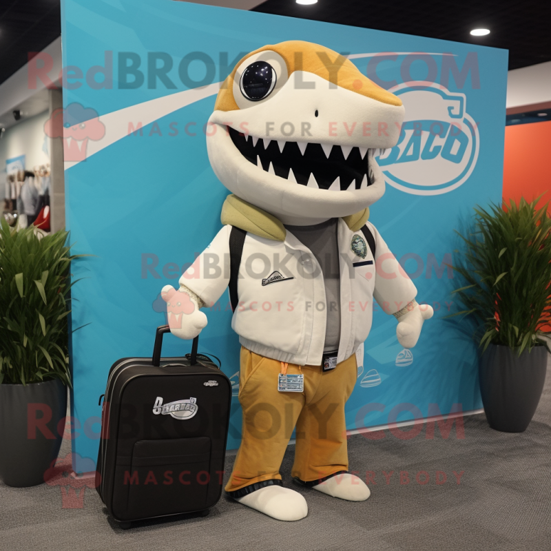 Cream Barracuda mascot costume character dressed with a Graphic Tee and Briefcases