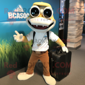 Cream Barracuda mascot costume character dressed with a Graphic Tee and Briefcases