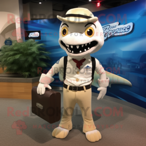 Cream Barracuda mascot costume character dressed with a Graphic Tee and Briefcases
