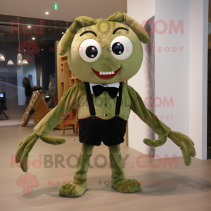 Olive Spider mascot costume character dressed with a Playsuit and Bow ties