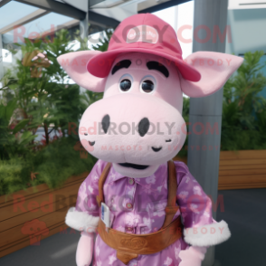 Pink Cow mascot costume character dressed with a Chambray Shirt and Hat pins