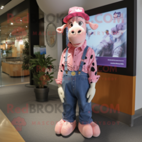 Pink Cow mascot costume character dressed with a Chambray Shirt and Hat pins