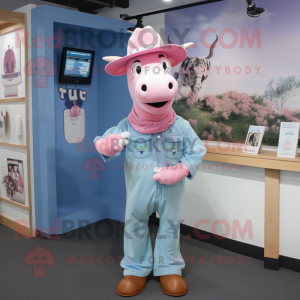 Pink Cow mascot costume character dressed with a Chambray Shirt and Hat pins