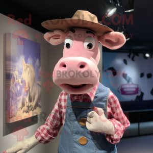Pink Cow mascot costume character dressed with a Chambray Shirt and Hat pins