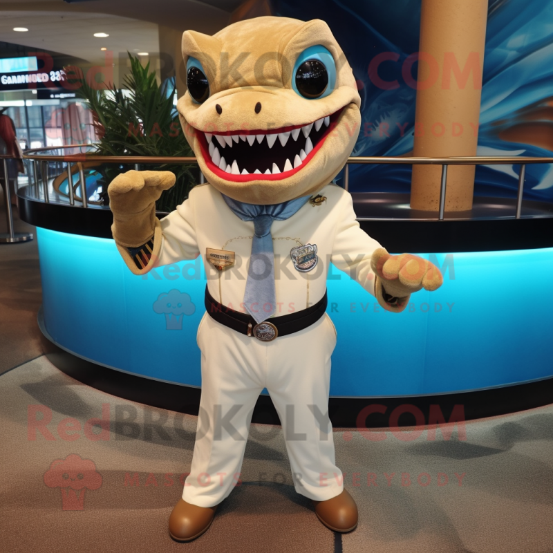 Tan Barracuda mascot costume character dressed with a Suit Pants and Keychains Tan Barracuda mascot costume character dressed with a Suit Pants and Keychains