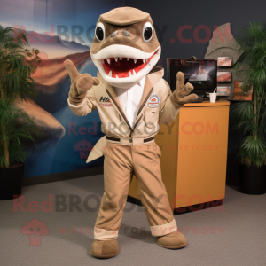 Tan Barracuda mascot costume character dressed with a Suit Pants and Keychains