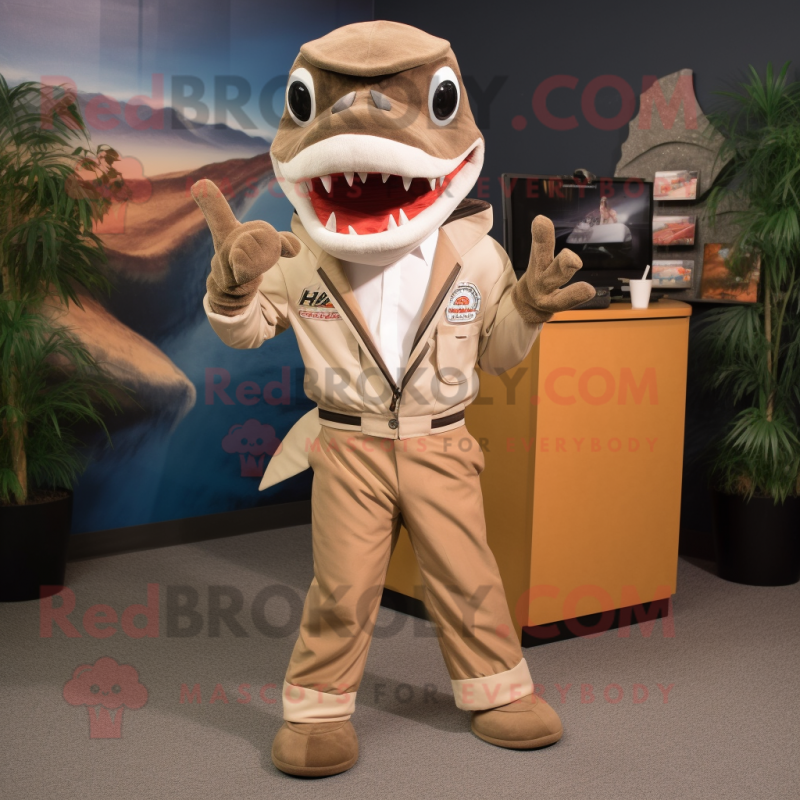 Tan Barracuda mascot costume character dressed with a Suit Pants and Keychains