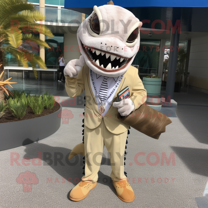 Tan Barracuda mascot costume character dressed with a Suit Pants and Keychains