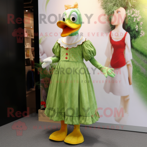 Olive Muscovy Duck mascot costume character dressed with a Maxi Dress and Shoe laces