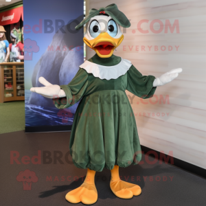 Olive Muscovy Duck mascot costume character dressed with a Maxi Dress and Shoe laces