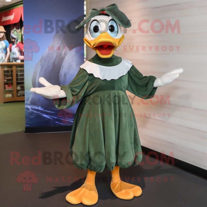 Olive Muscovy Duck mascot costume character dressed with a Maxi Dress and Shoe laces Olive Muscovy Duck mascot costume character dressed with a Maxi Dress and Shoe laces