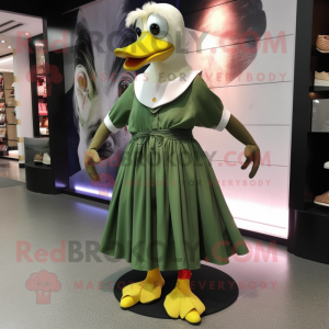 Olive Muscovy Duck mascot costume character dressed with a Maxi Dress and Shoe laces