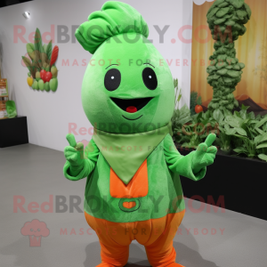 Green Carrot mascot costume character dressed with a Overalls and Brooches