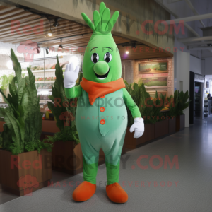 Green Carrot mascot costume character dressed with a Overalls and Brooches