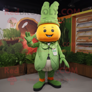 Green Carrot mascot costume character dressed with a Overalls and Brooches