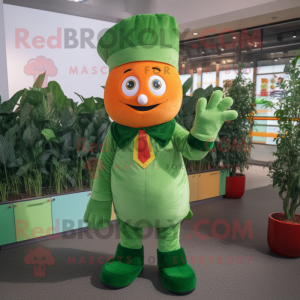 Green Carrot mascot costume character dressed with a Overalls and Brooches