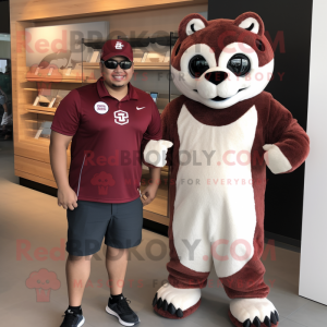 Maroon Jaguar mascot costume character dressed with a Henley Shirt and Watches