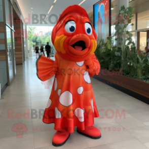 Red Clown Fish mascot costume character dressed with a Wrap Dress and Belts