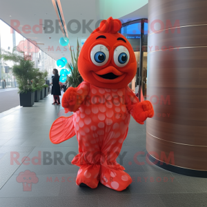 Red Clown Fish mascot costume character dressed with a Wrap Dress and Belts