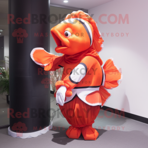 Red Clown Fish mascot costume character dressed with a Wrap Dress and Belts