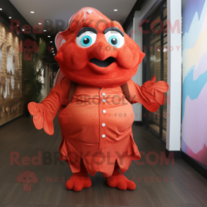 Red Clown Fish mascot costume character dressed with a Wrap Dress and Belts