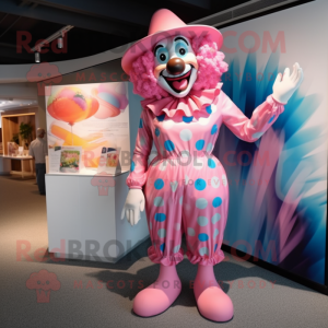 Pink Clown mascot costume character dressed with a One-Piece Swimsuit and Hats