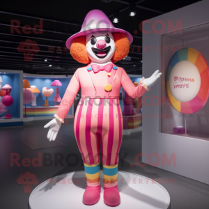 Pink Clown mascot costume character dressed with a One-Piece Swimsuit and Hats