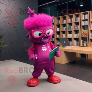 Magenta Momentum mascot costume character dressed with a Romper and Reading glasses