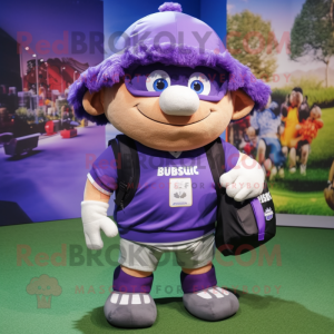 Purple Rugby Ball mascot costume character dressed with a Overalls and Backpacks