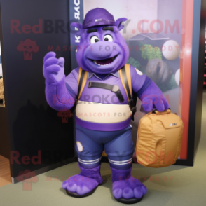 Purple Rugby Ball mascot costume character dressed with a Overalls and Backpacks