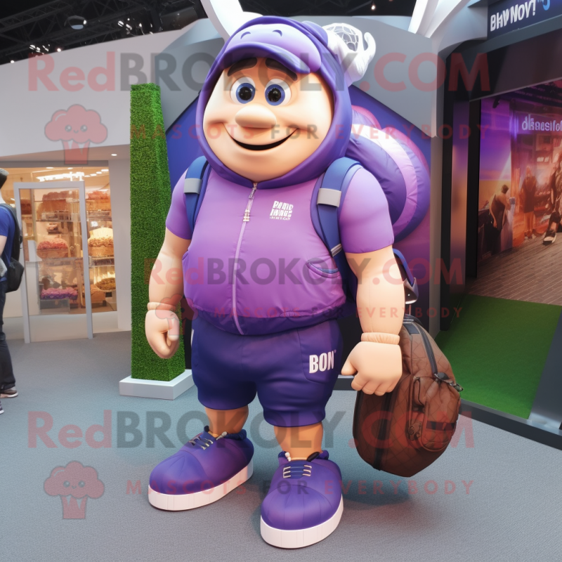 Purple Rugby Ball mascot costume character dressed with a Overalls and Backpacks Purple Rugby Ball mascot costume character dressed with a Overalls and Backpacks