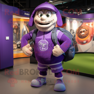 Purple Rugby Ball mascot costume character dressed with a Overalls and Backpacks