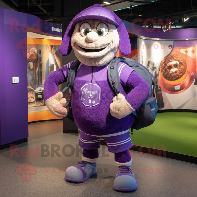 Purple Rugby Ball mascot costume character dressed with a Overalls and Backpacks