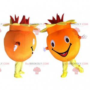 Mascote de flores laranja e vermelha, fantasia de frutas e