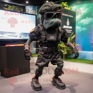 Black Marine Recon mascot costume character dressed with a Running Shorts and Hair clips