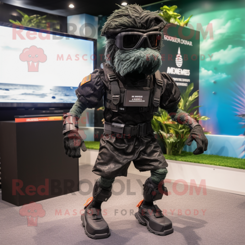 Black Marine Recon mascot costume character dressed with a Running Shorts and Hair clips