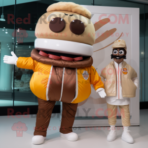 Cream Hamburger mascot costume character dressed with a Windbreaker and Watches