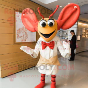 Cream Lobster mascot costume character dressed with a Dress Shirt and Bow ties