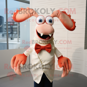 Cream Lobster mascot costume character dressed with a Dress Shirt and Bow ties