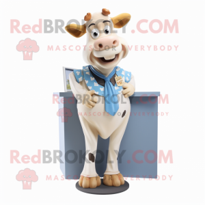 Cream Jersey Cow mascot costume character dressed with a Mom Jeans and Tie pins