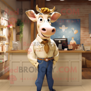 Cream Jersey Cow mascot costume character dressed with a Mom Jeans and Tie pins