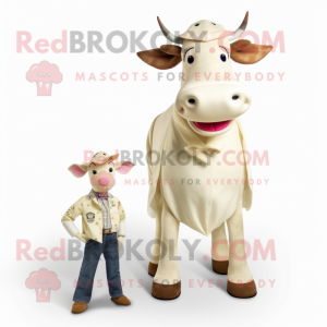 Cream Jersey Cow mascot costume character dressed with a Mom Jeans and Tie pins