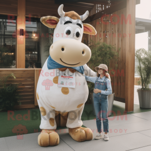 Cream Jersey Cow mascot costume character dressed with a Mom Jeans and Tie pins